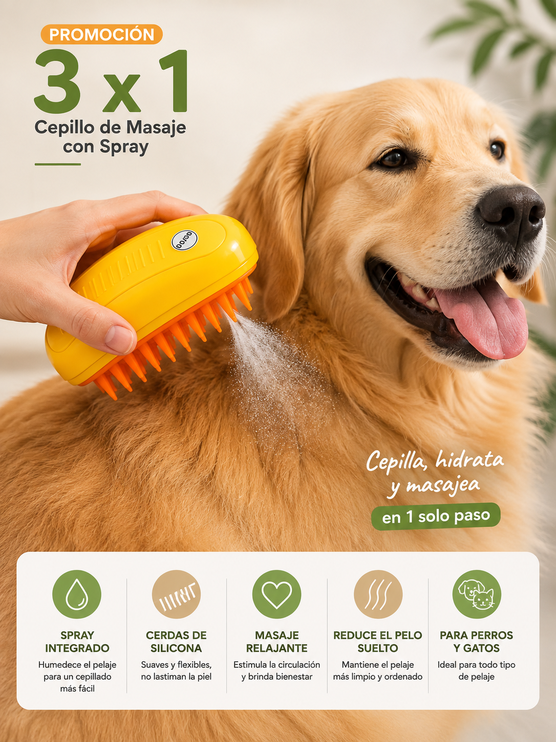 Cepillo con Rociador Quitapelos para Mascotas