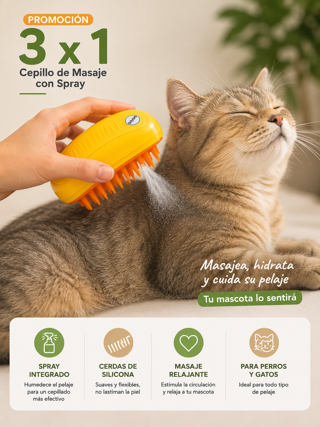 Cepillo con Rociador Quitapelos para Mascotas