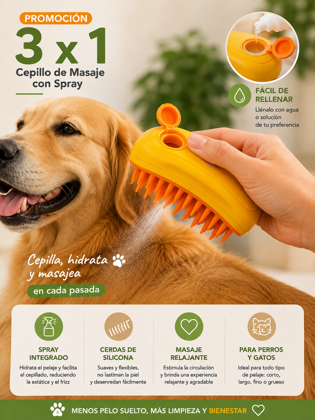 Cepillo con Rociador Quitapelos para Mascotas
